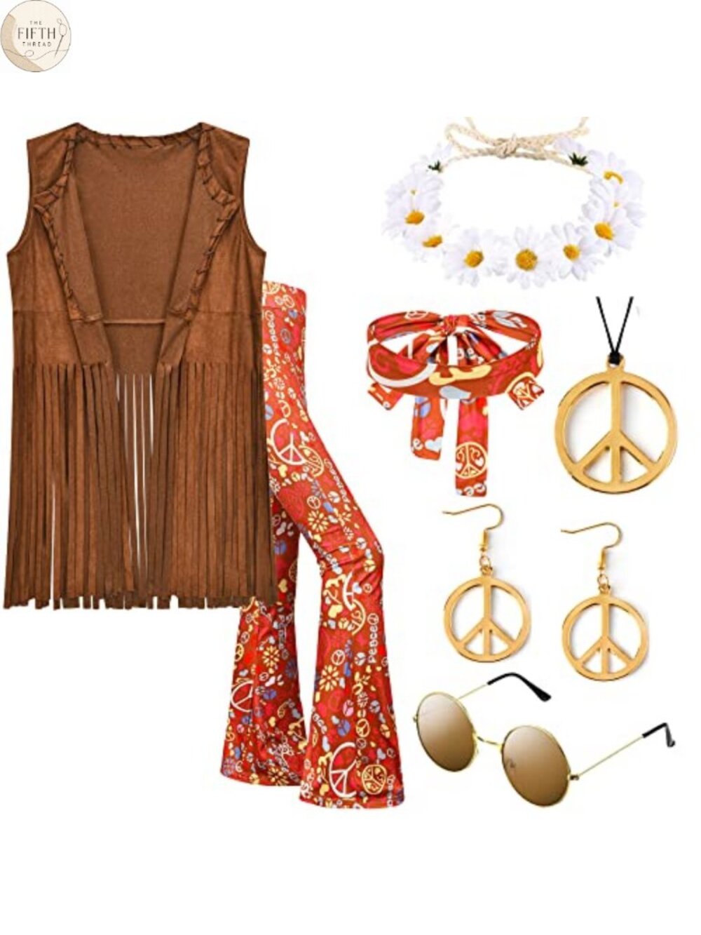 7-Piece 70s Hippie Costume Faux Suede Bell Bottom Pants